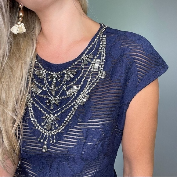 Lela Rose Navy Blue Jeweled Neck Full Skirt Dress - Picture 9 of 16